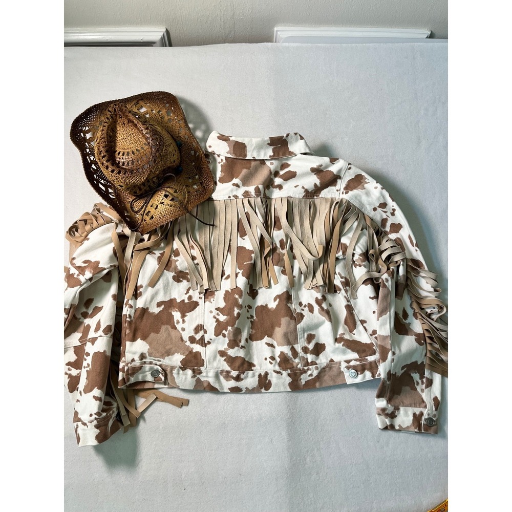 Altar'd State Cow Print Fringe Denim Jacket Western Coastal Cowgirl Boho Brown M - Picture 8 of 12